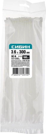 Хомуты-стяжки белые ХС-Б, 3.6х300 мм, 100 шт, нейлоновые,СИБИН, арт. 3786-36-300